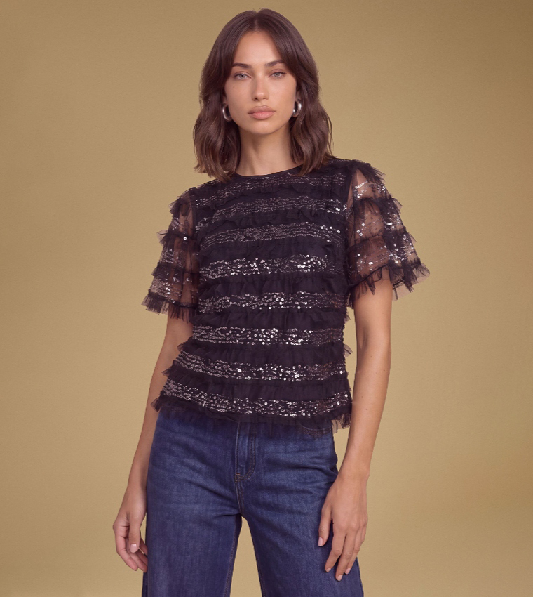 Sequined Ruffle Mesh Top