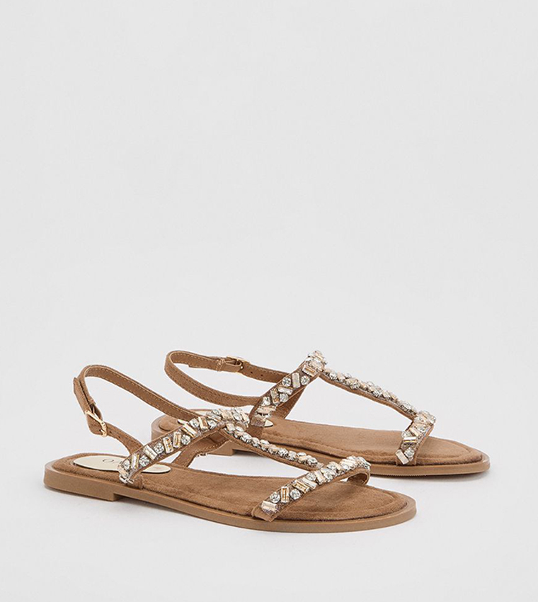 Mayla Faux Suede Embellished T-Bar Flat Sandals