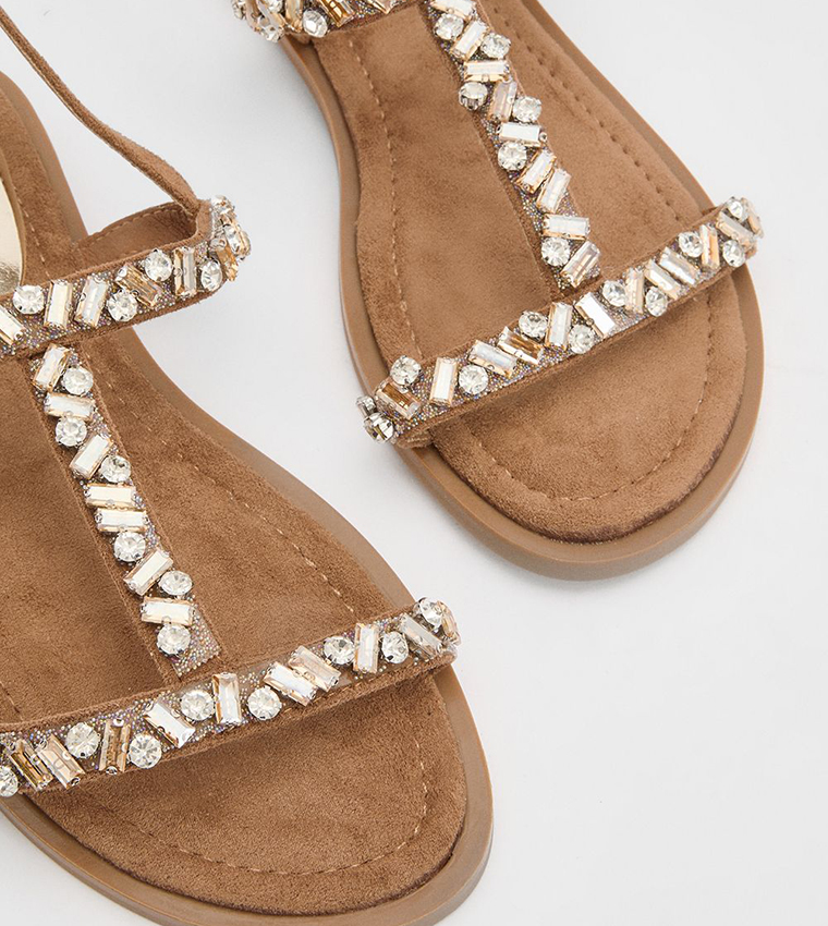 Mayla Faux Suede Embellished T-Bar Flat Sandals
