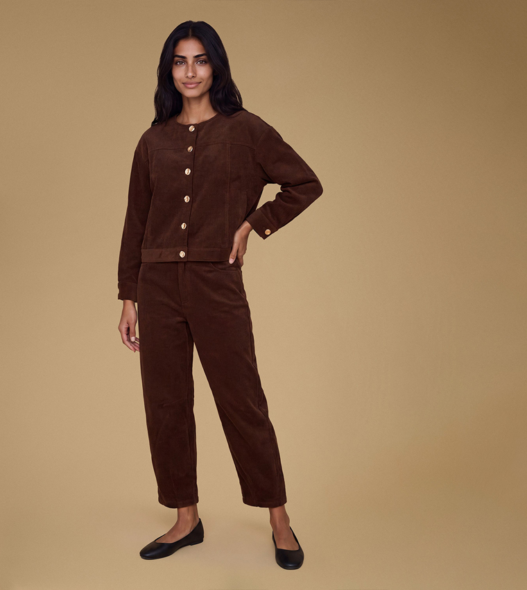Petite Collarless Cord Jacket with Mottled Buttons