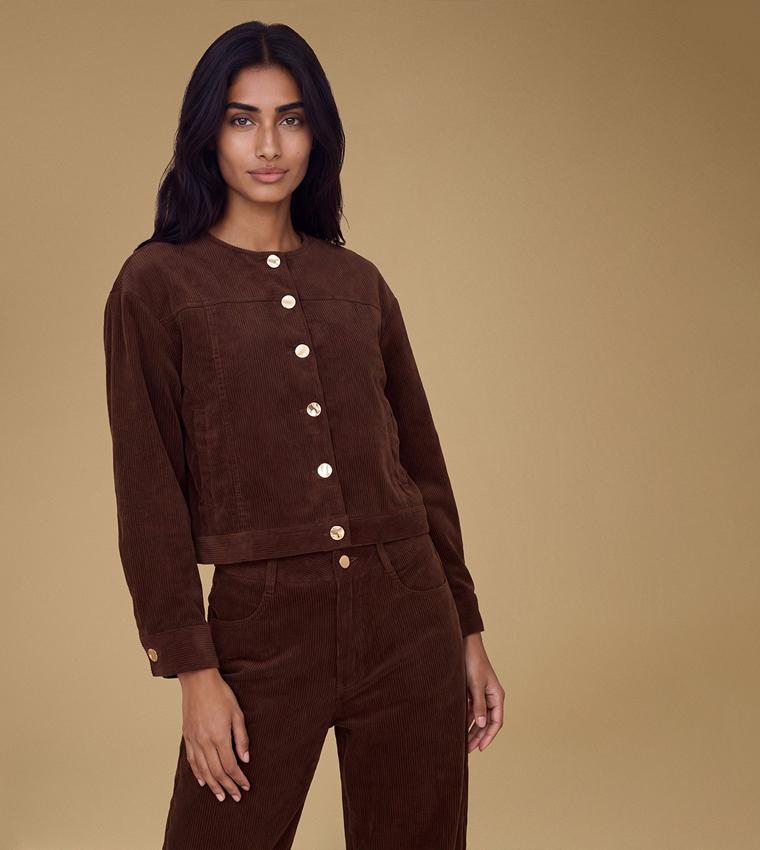 Petite Collarless Cord Jacket with Mottled Buttons