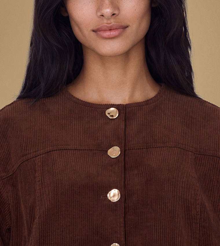 Petite Collarless Cord Jacket with Mottled Buttons