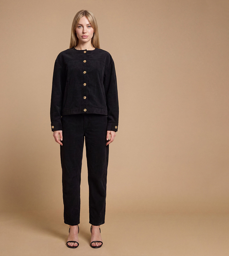Collarless Cord Jacket with Mottled Buttons