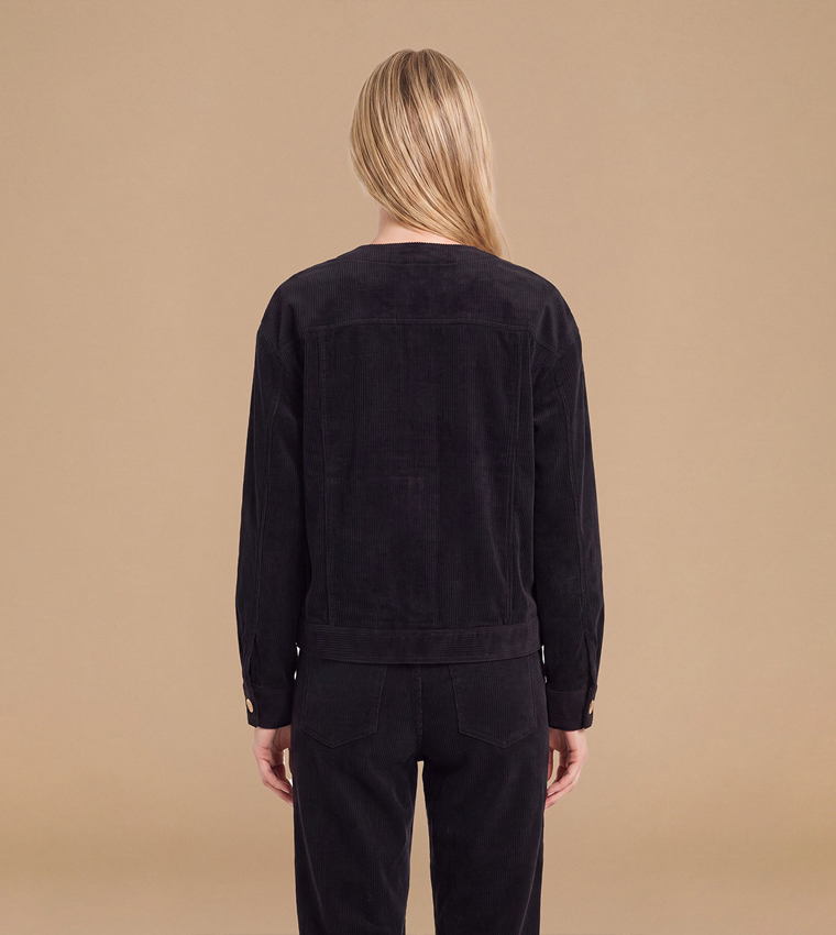 Collarless Cord Jacket with Mottled Buttons