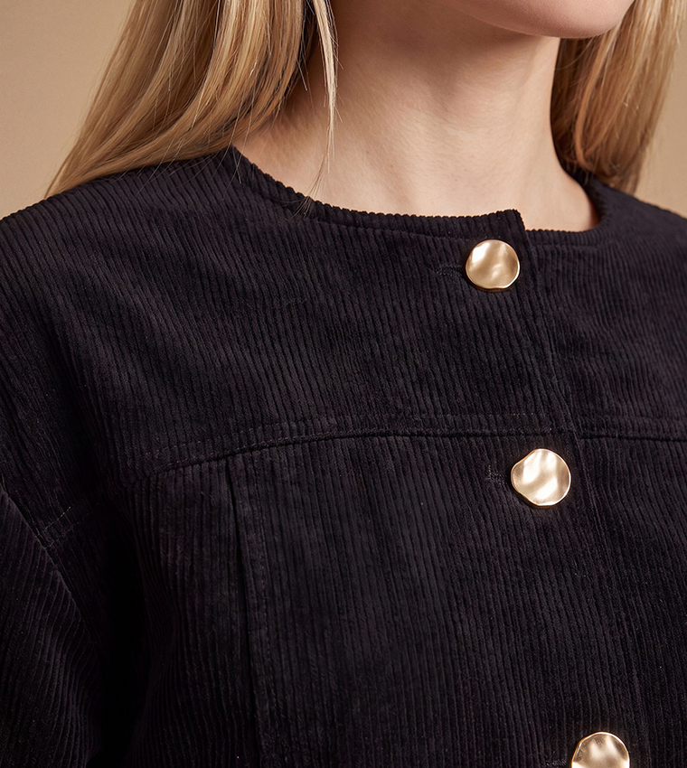 Collarless Cord Jacket with Mottled Buttons