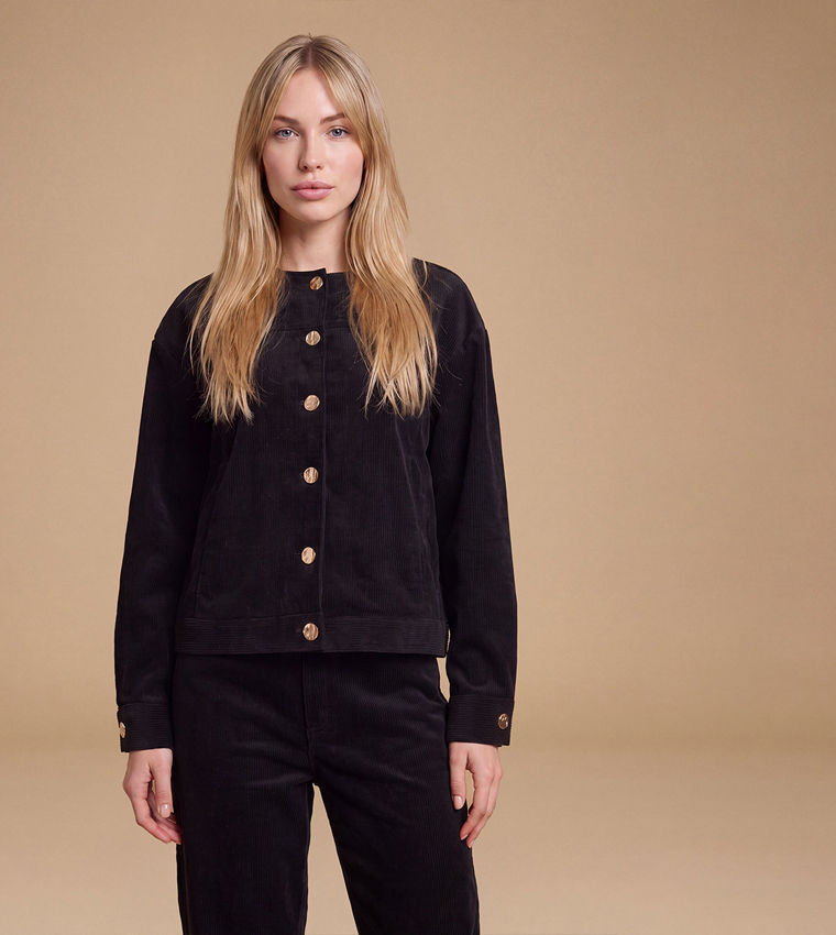 Collarless Cord Jacket with Mottled Buttons