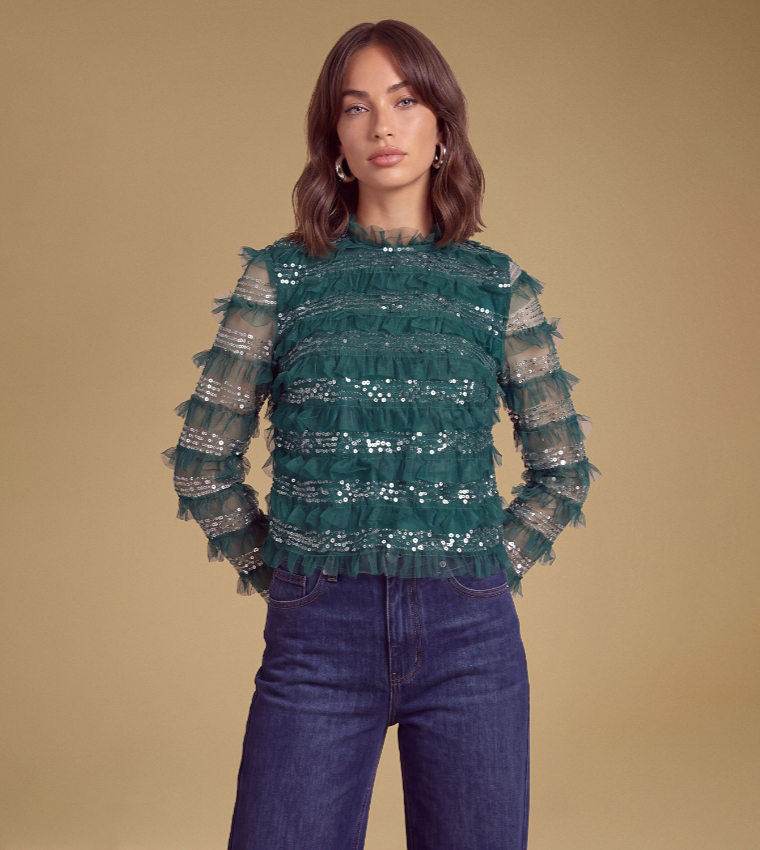 Sequined Ruffle Mesh Long Sleeves Top