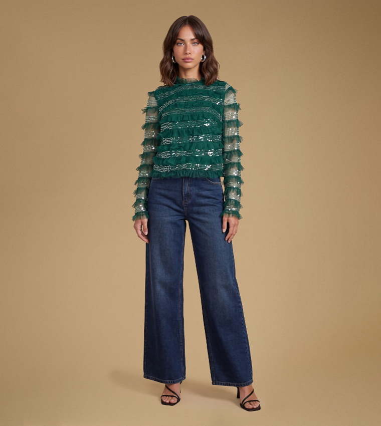 Sequined Ruffle Mesh Long Sleeves Top