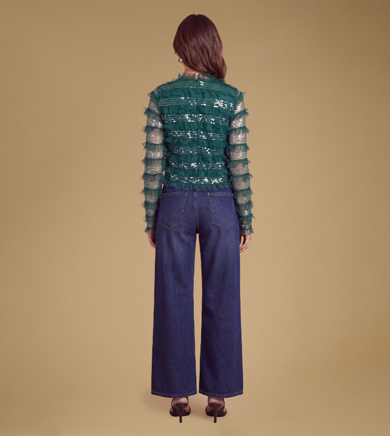 Sequined Ruffle Mesh Long Sleeves Top