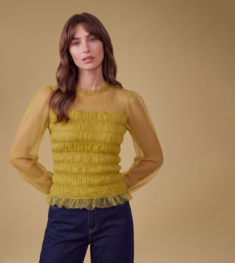 Shirred Bodice Long Sleeves Top