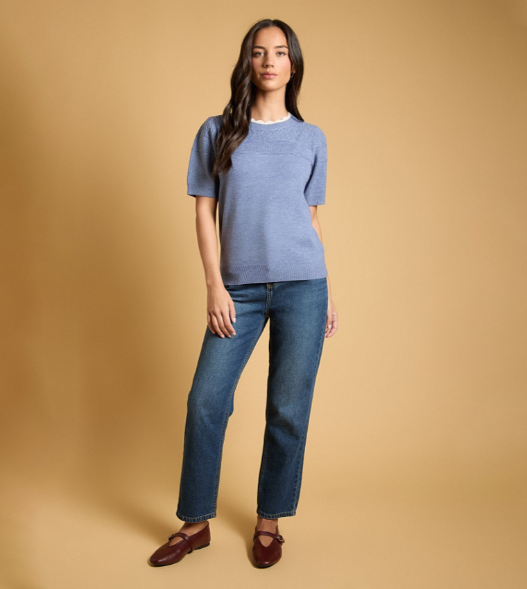 Double Layer Fine Knit Pointelle Crew Neck Sweater