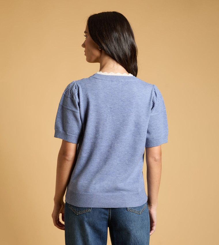 Double Layer Fine Knit Pointelle Crew Neck Sweater
