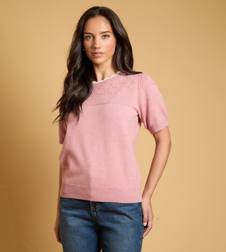 Double Layer Fine Knit Pointelle Crew Neck Sweater