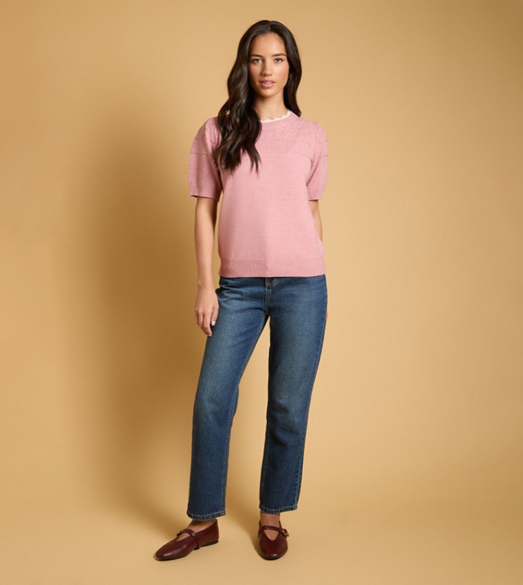 Double Layer Fine Knit Pointelle Crew Neck Sweater