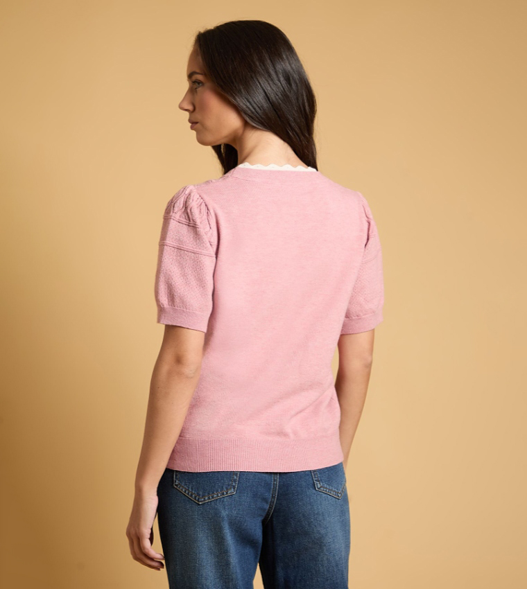 Double Layer Fine Knit Pointelle Crew Neck Sweater