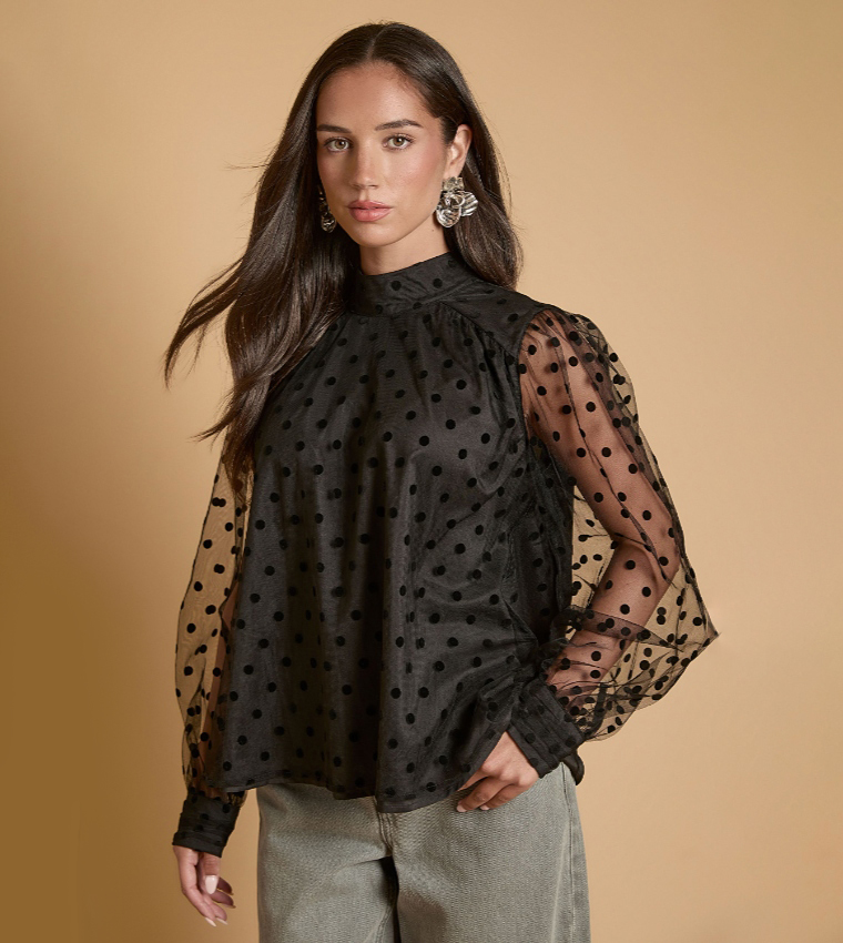 Polka Dot Mesh Bow Detail Top