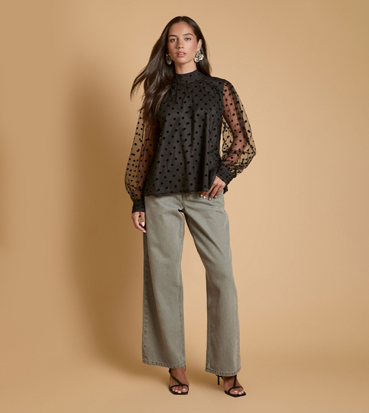 Polka Dot Mesh Bow Detail Top