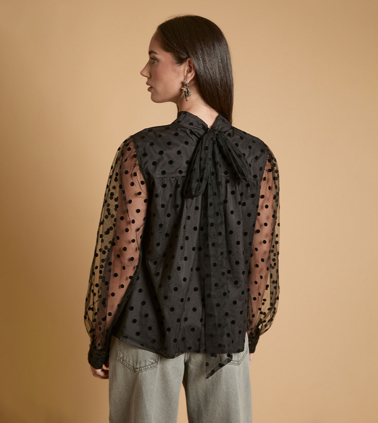 Polka Dot Mesh Bow Detail Top