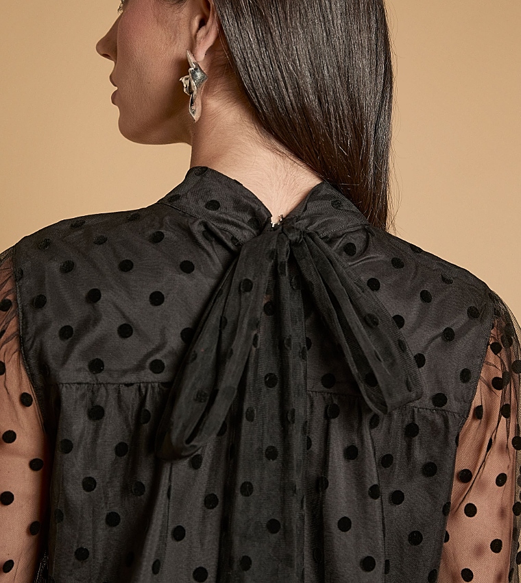Polka Dot Mesh Bow Detail Top