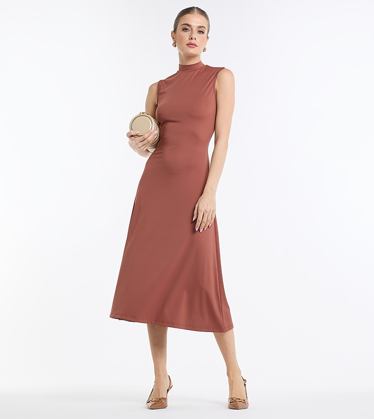 Solid High Neck Midi Dress