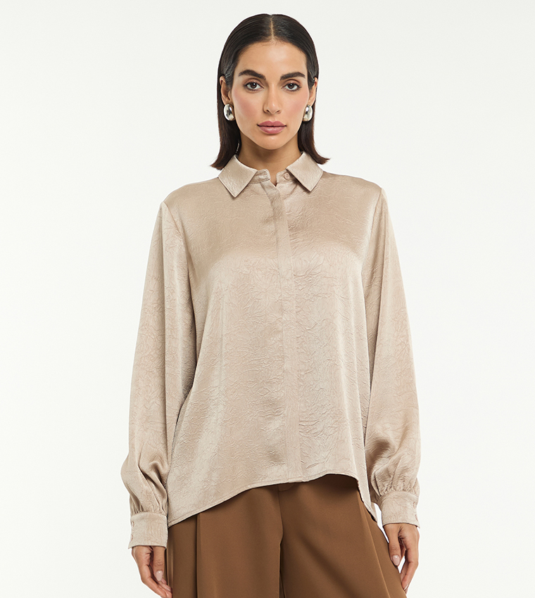 Textured Satin Long Sleeves Oversized Shirt