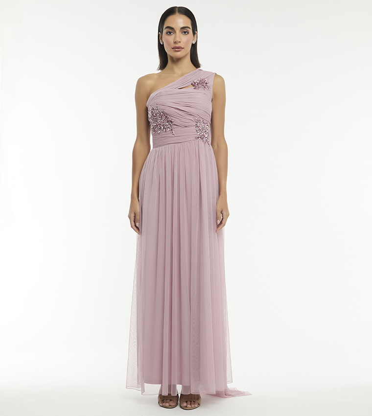 Embellished One Shoulder Maxi Dress