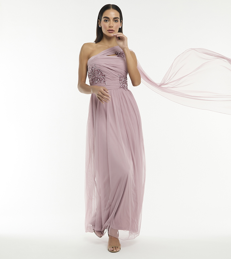 Embellished One Shoulder Maxi Dress