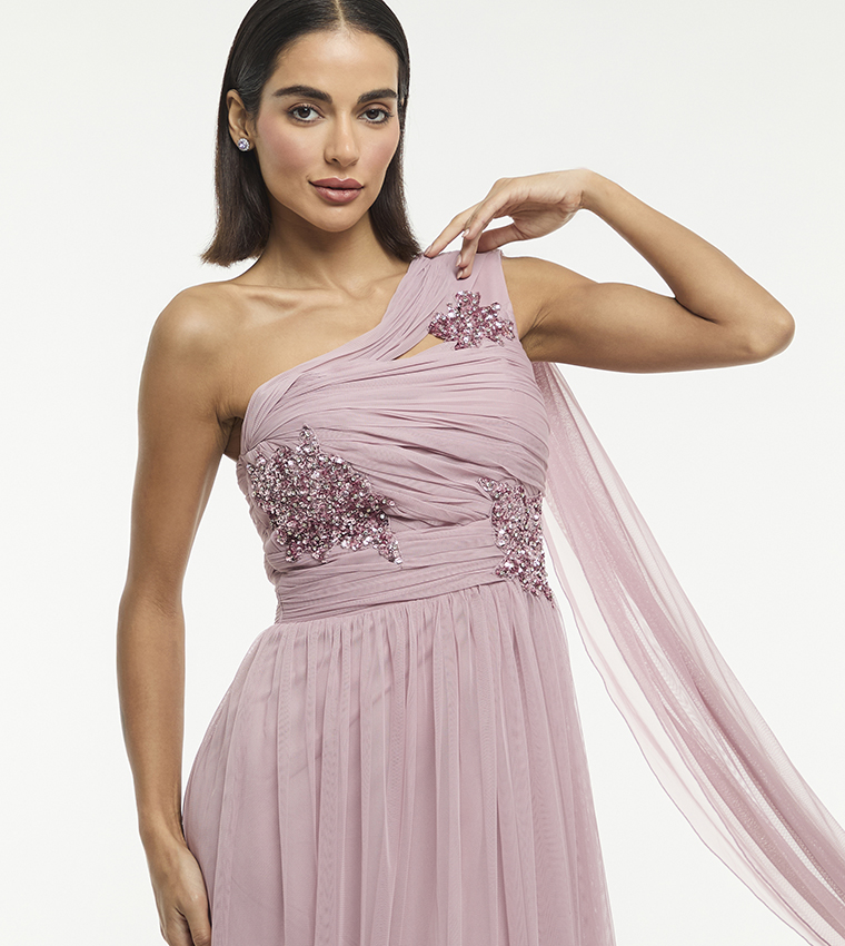 Embellished One Shoulder Maxi Dress