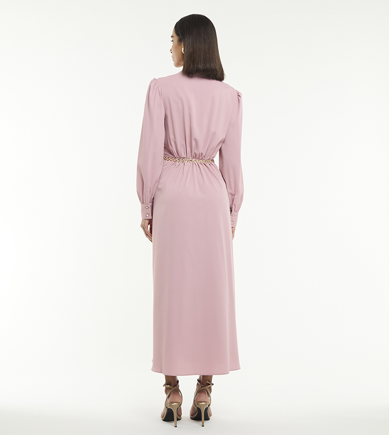 Buy BCBG Solid Puff Sleeves Pleated Midi Dress In Pink | 6thStreet Oman