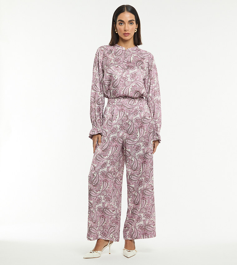 Printed Jacquard Satin Ruffle Woven Top