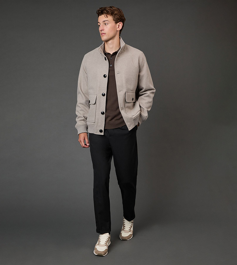 Funnel Neck Wool Blend Coat