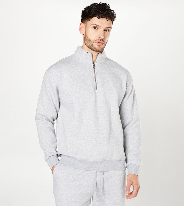 Solid Zipper Neck Jersey Sweatshirt