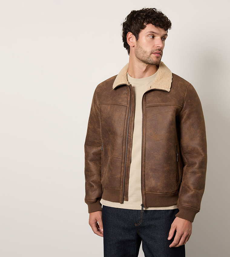 Faux Suede Borg Lined Aviator Jacket