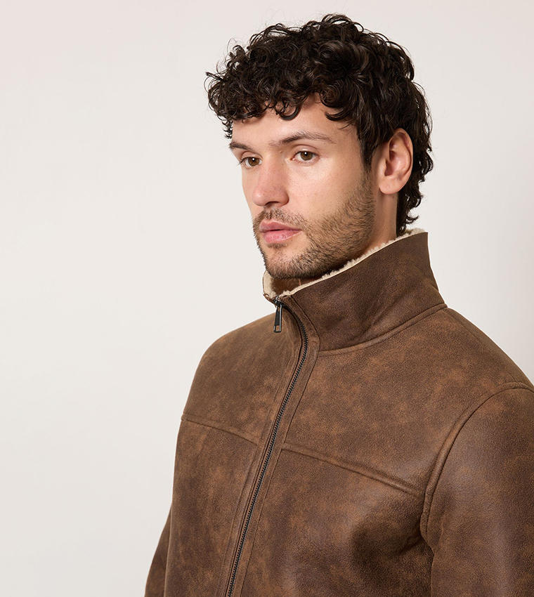 Faux Suede Borg Lined Aviator Jacket