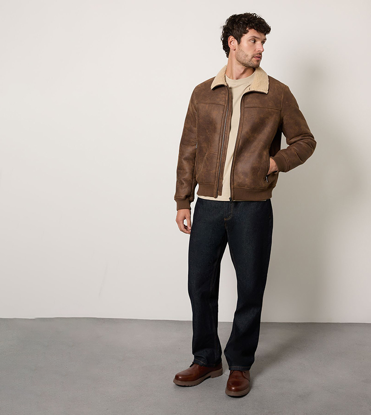 Faux Suede Borg Lined Aviator Jacket