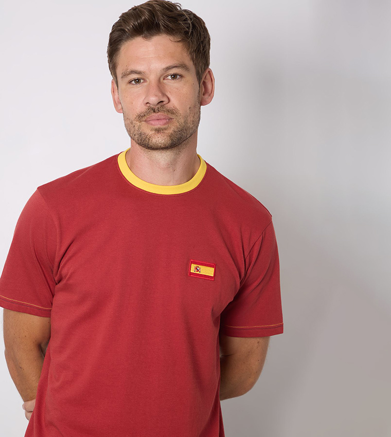 Spain Flag Embroidered Crew Neck T-Shirt