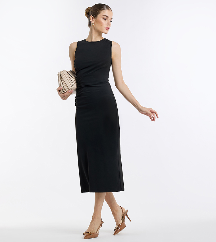 Ruched Sleeveless Midi Dress