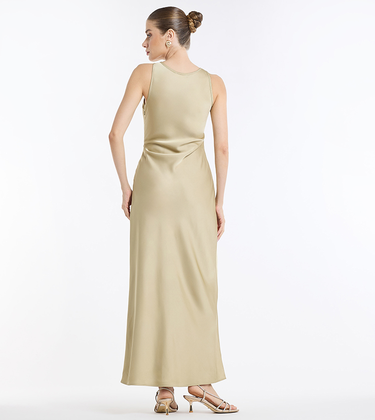 Solid Round Neck Satin Maxi Dress
