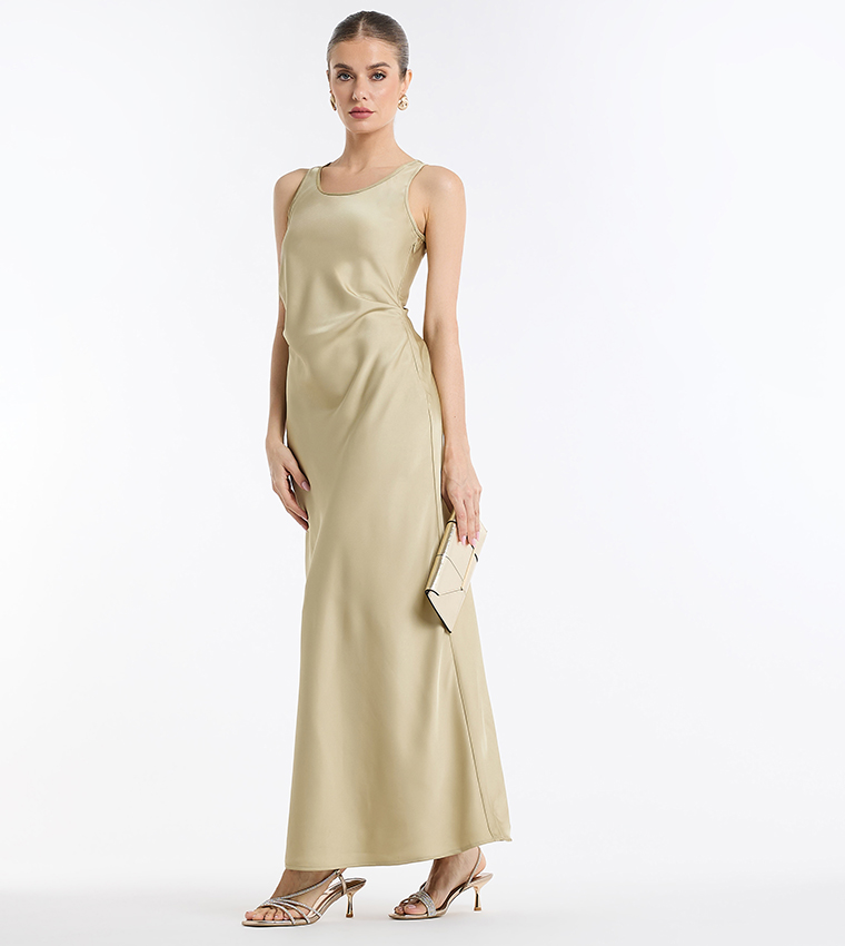 Solid Round Neck Satin Maxi Dress