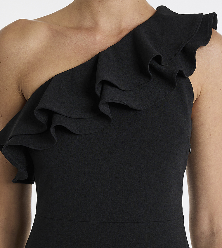 bcbg one shoulder ruffle dress Printed One Shoulder Gown