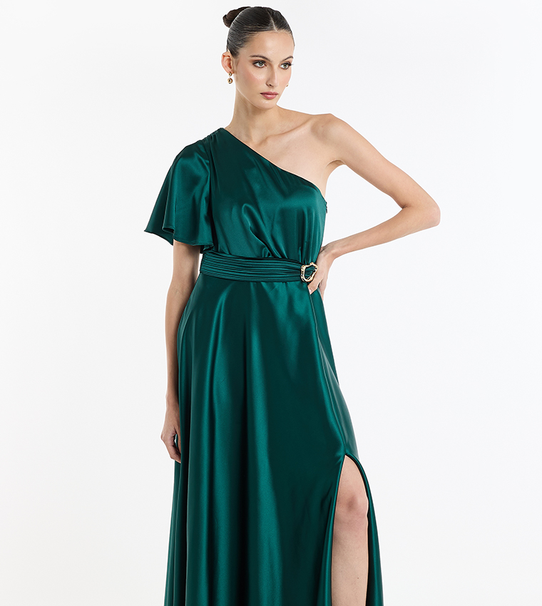 Buy BCBG Belted One Shoulder Evening Gown In Green | 6thstreet Qatar