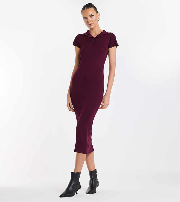 Ribbed Short Sleeves Polo Dress