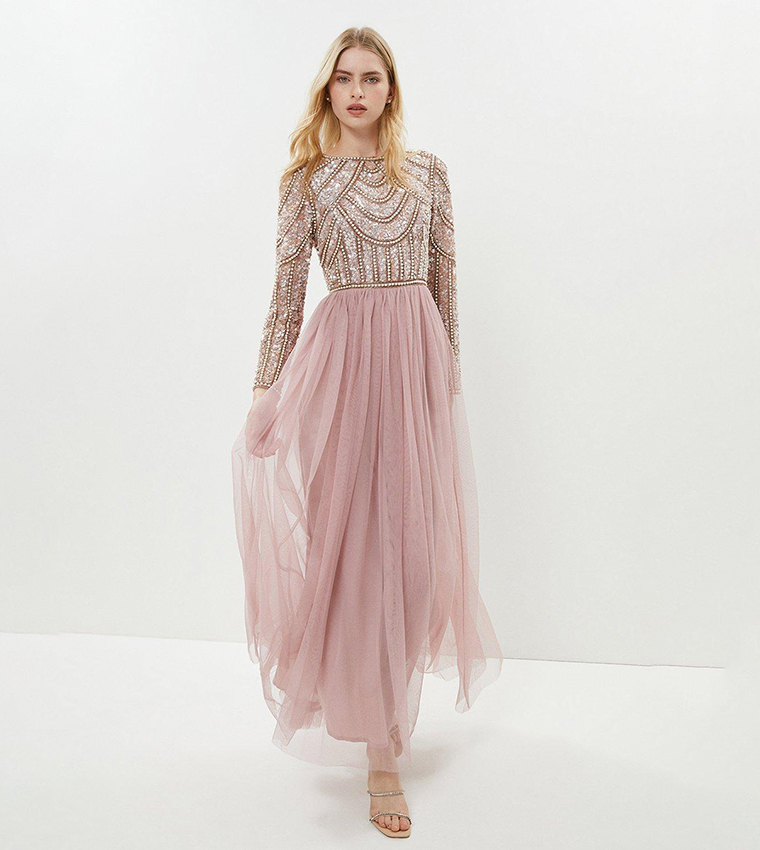 Pearl Embellished Bodice Bridesmaids Tulle Skirt Dress
