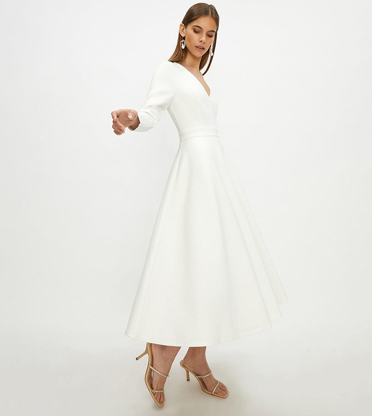 V Neck Full Skirt Midi Dress