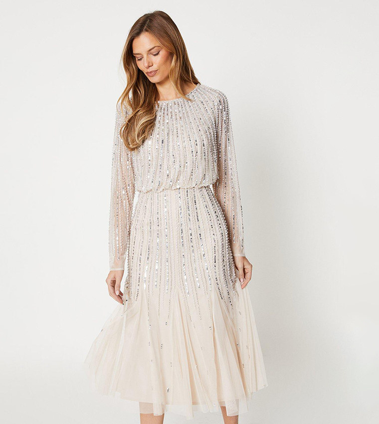 slim fit dress slacks Noelle Sequin Short Sleeve Midi Dress in Gold