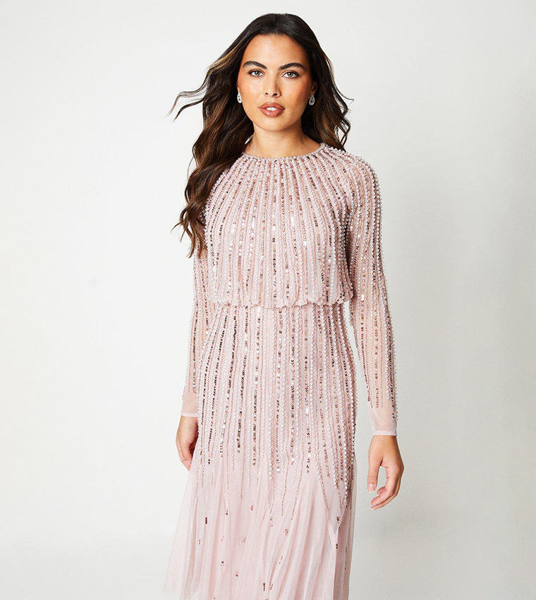 Linear Sequin Embellished Long Sleeves Midi Dress
