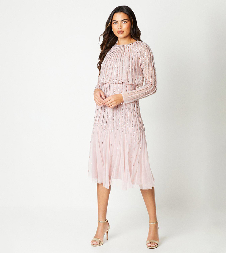 Linear Sequin Embellished Long Sleeves Midi Dress