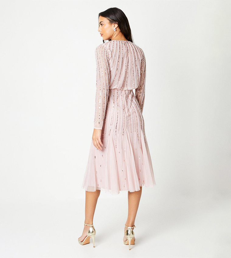 Linear Sequin Embellished Long Sleeves Midi Dress