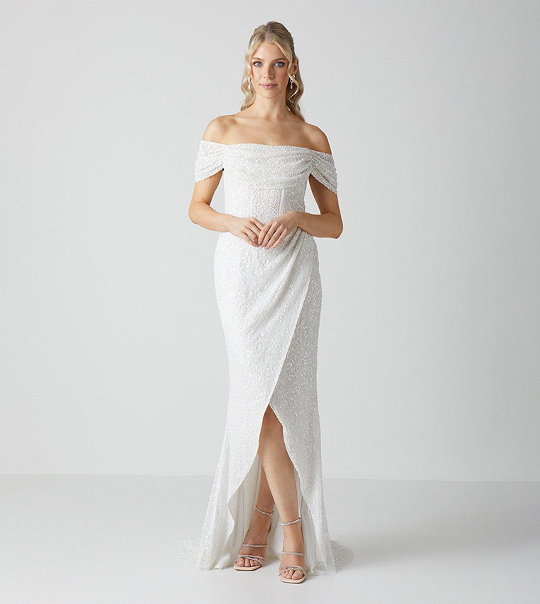 Draped Bardot Cap Sleeves Wrap Skirt Wedding Dress