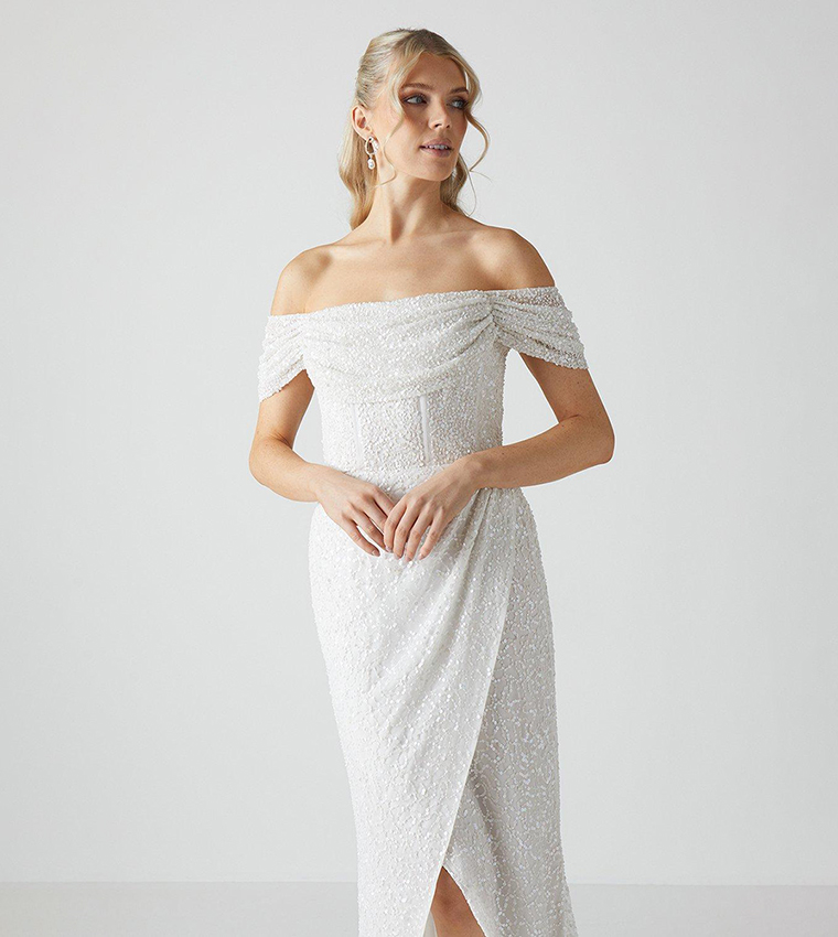 Draped Bardot Cap Sleeves Wrap Skirt Wedding Dress